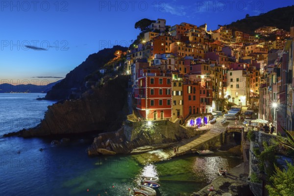 Fishing village of Riomaggiore, blue hour, Cinque Terre, province of La Spezia, Liguria, Italy, Europe