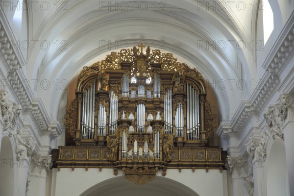 Interior view of the organ baroque Cathedral St. Salvator, baroque, Fulda, Hesse, Germany, Europe