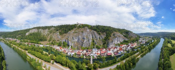 Aerial view, Main-Danube Canal, state road St 2230, Old Bridge, wooden bridge over branch of the Altmühl, Brucktor or Bridge Gate, on top of rock Randeck Castle, Markt Essing, Altmühltal, Lower Bavaria, Bavaria, Germany, Europe
