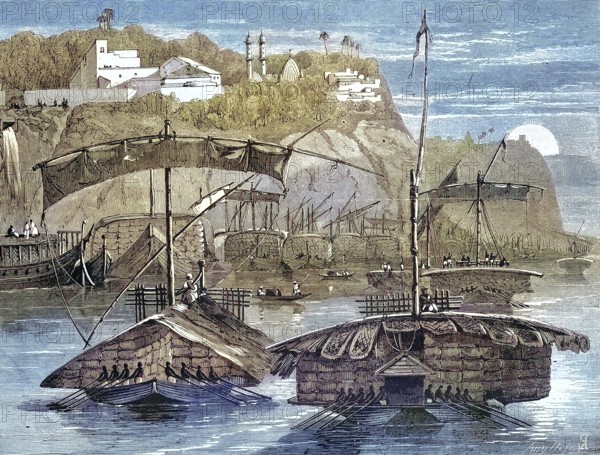 Cargo ships, cotton, Convoy with cotton cargo sailing down the Ganges, 1869, India, Historic, digitally restored reproduction of a 19th century original, Asia