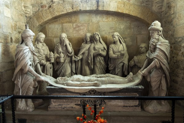 Land of Troncais. Cerilly village. Remarkable 17th century tombstone in the church Saint-Martin. Allier department. Auvergne Rhone Alpes. France