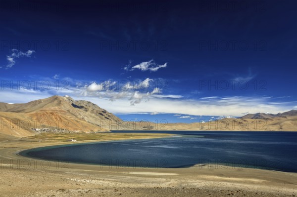 Himalayan lake Tso Moriri in Himalayas and Korzok village, Ladakh, India, Asia