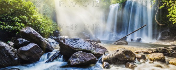 Panorama of Tropical waterfall Phnom Kulen, Cambodia, Asia