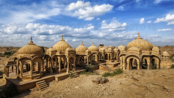 Panorama of Bada Bagh cenotaphs in Jodhpur, Rajasthan, India, Asia