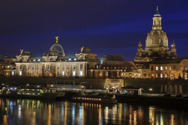 Illuminated old town of Dresden with Church of Our Lady at night, lights reflected in the Elbe, Dresden, Saxony, Germany, Europe