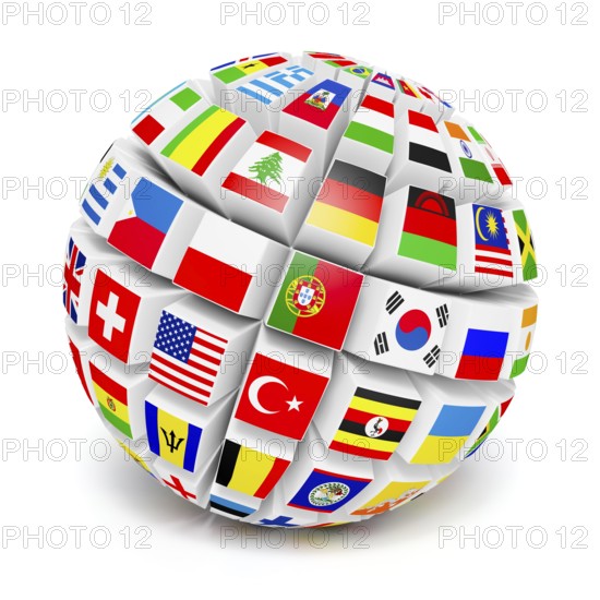 ThreeD globe sphere with flags of the world on white