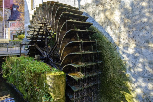 Historical mill wheel at the Klostermühle town museum, Bad Urach, Swabian Alb, Baden-Württemberg, Germany, Europe