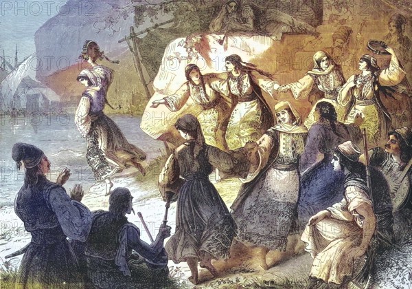 Women in traditional traditional costume dancing Romaika, a folk dance from Greece, in 1869, Historical, digitally restored reproduction of an original 19th century original, exact original date unknown