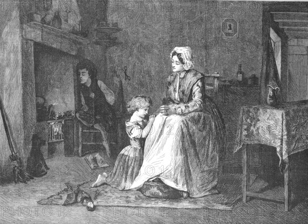 Evening Prayer, Girl prays with her mother in the evening in front of going to bed, 1869, Germany, Historic, digitally restored reproduction of a 19th century original, Europe