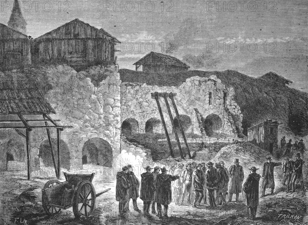 A Police Raid on the Quarries of America, 1868, Historic, digitally restored reproduction of an original 19th century artwork, exact original date unknown