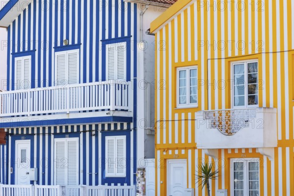 Traditional wooden striped house facade, Costa Nova do Prado, Aveiro, Portugal, Europe