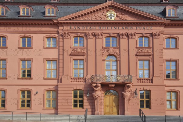 Entrance to the baroque Rhineland-Palatinate state parliament built in 1740, government building, politics, portal, inscription, state parliament, Deutschordenshaus, Deutschhaus, old town centre, Mainz, Rhine-Hesse region, Rhineland-Palatinate, Germany, Europe