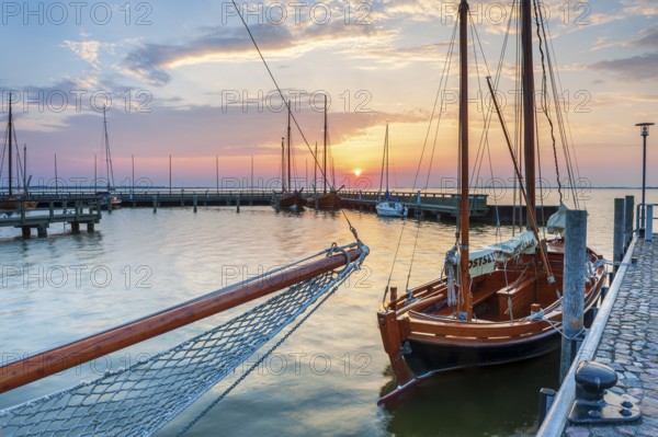 Sailboats and Zeesenboats in the harbour of Dierhagen on the Saaler Bodden at sunrise, Fischland-Darß-Zingst, Mecklenburg-Vorpommern, Germany, Europe
