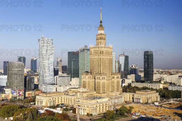 Warsaw skyline skyscrapers with Palace of Culture in the city centre in Warsaw, Poland, Europe