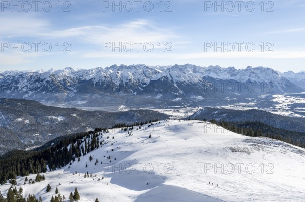 View of mountain panorama in winter, summit of Simetsberg, Estergebirge, Bavarian Prealps, Bavaria Germany
