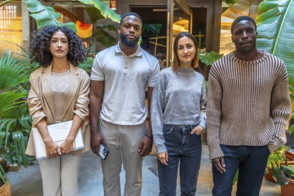 Portrait of diverse young coworker colleagues standing looking at camera outside a coworking space