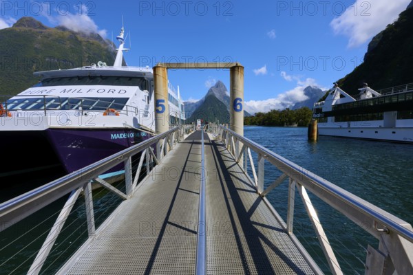 Metal walkway leads between large ships to a picturesque mountain and fjord backdrop, summer, Milford Sound, Te Anau, Fiordland National Park, South Island, New Zealand, Oceania