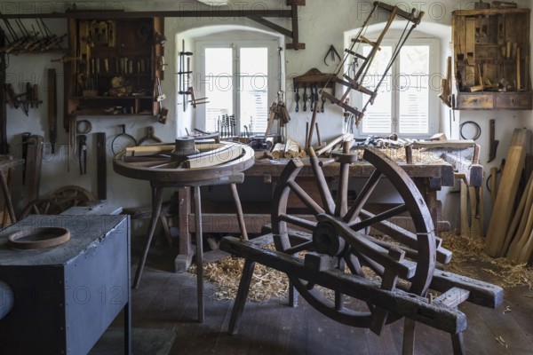 View into the historic workshop of a wheelwright, Seiffen Open-Air Museum, Erzgebirge, Saxony, Germany, Europe