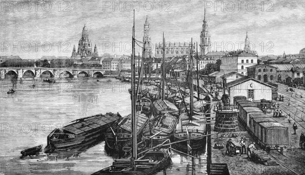 City view of the Saxon capital Dresden on the Elbe, harbour with barges, railway with freight traffic, workers, dome of the Church of Our Lady, Elbe bridge, travel, Saxony, Germany, historical illustration 1885, Europe