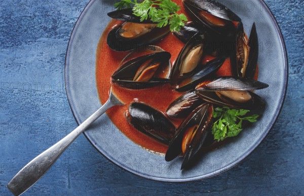 Fra Diavolo mussels, mussels in tomato sauce, Italian dish, on a blue background, homemade, no people