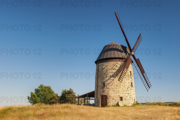 The tower windmill of Warnstedt in the evening light under a blue sky, Teufelsmühle, Thale, Saxony-Anhalt, Germany, Europe