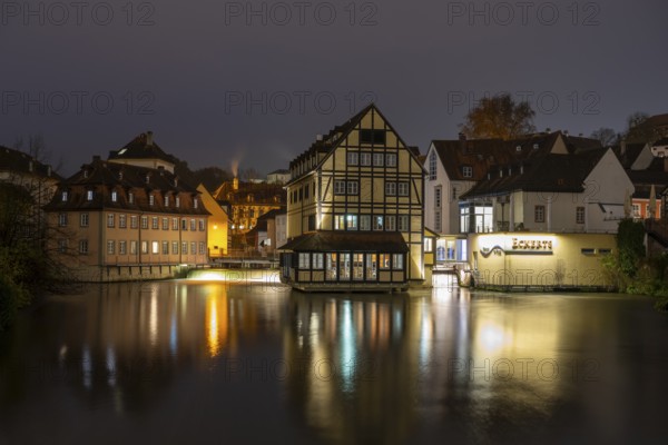 Building of the old town centre on the river Regnitz, Blue Hour, Bamberg, Upper Franconia, Bavaria, Germany, Europe