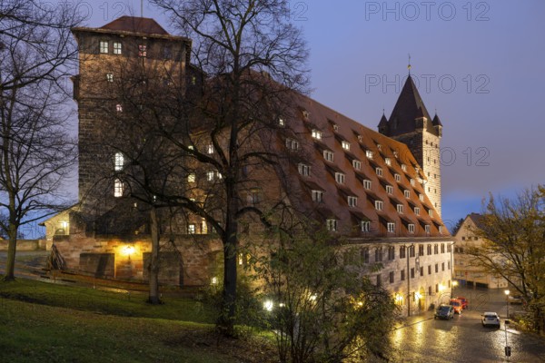 Former imperial stables at the Imperial Castle, now a youth hostel, Blue Hour, Nuremberg, Middle Franconia, Franconia, Bavaria, Germany, Europe