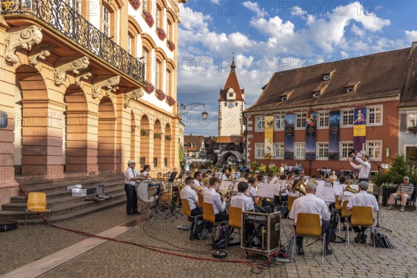 Brass band on the market square at the town hall Gengenbach, Black Forest, Baden-Württemberg, Germany, Europe