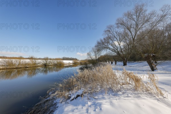Dorsten, North Rhine-Westphalia, Germany - Sunny winter landscape in the Ruhr area, ice and snow on the river Lippe