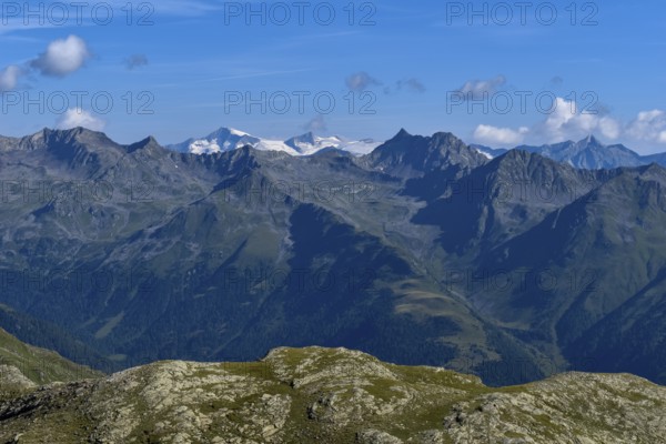 View from the south to the glaciated Großvenediger and to the right in front of it the Lasörling, Hohe Tauern, East Tyrol, Austria, Europe