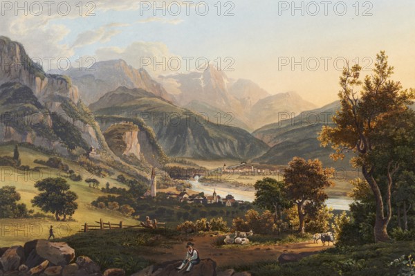 Surroundings of Tousis and view of Pizbeverin, Piz Beverin, Graubünden, Switzerland, view around 1830, digitally restored reproduction of a 19th century model by Johann Ludwig Bleuler (12 February 1792 - 28 March 1850), Swiss draughtsman and painter, Europe
