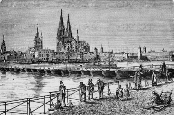 BLick across the Rein to Cologne Cathedral and Great St Martin's Church, city view of Cologne, Rhine bridge, Rhine bank with promenade and visitors, travel, Germany, historical illustration 1885, Europe