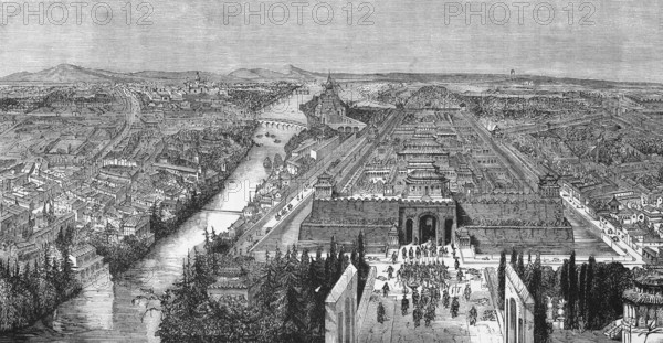 Cityscape from above with Imperial Palace of Peking or Beijing, city wall, river, old town, travelling in Asia, China, historical illustration 1887, Asia