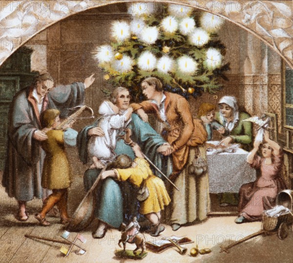 The Luther family celebrates a peaceful Christmas, living room with table and stove, Christmas tree with burning candles, children with numerous presents, doll's pram, crossbow, book, horse with rider, stations from Dr Martin Luther's life, coloured illustration ca. 1890