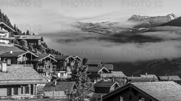 Roofs covered with hoarfrost, fog rising, black and white photo, Grimentz, Val d'Anniviers, Valais Alps, Canton Valais, Switzerland, Europe