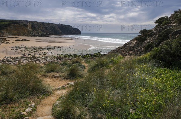 Raposeira, Algarve, Portugal - Surfer beach Praia do Zavial on the Mediterranean coast between Sagres and Lagos
