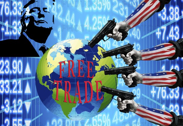 Symbolic image, free trade, free trade, political correctness, Ukraine, Russia war, EU, Germany and global economy under US dictate, Volodimir Zelensky, Donald Trump, tariff threats, Elon Musk, Mark Zuckerberg, social networks, fake news, hate, agitation, DSG Digital Services Act, re-election, USA, politics, announcements, vendetta, wanted dictator, Republicans, US electoral system, global danger, lies, 2nd term, Ukraine war, storm White House, diplomatic scandal, political blackmail, political blackmail, Ukraine war, political blackmail term, global burden, Ukrainian war, White House storm, diplomatic scandal, political blackmail, Europe