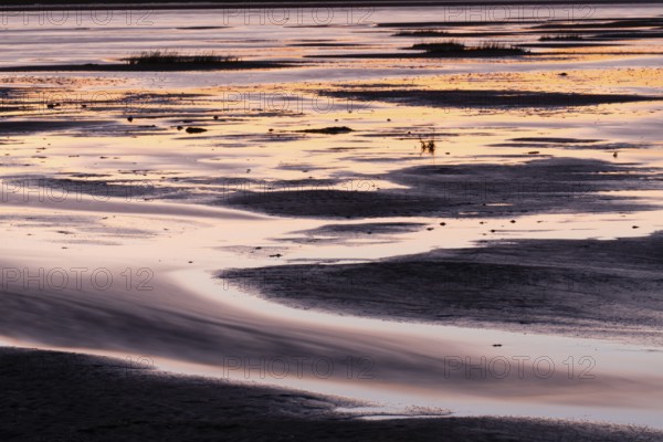 Mudflats at low tide, at dusk, Holy Island causeway, North Sea, Northumberland, England, United Kingdom, Europe