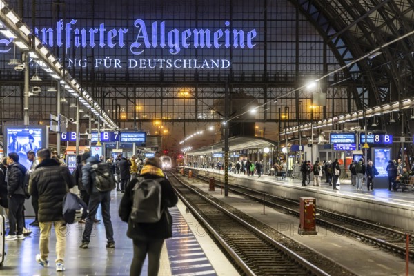 Platform in the evening, ICE arriving in the platform hall. Frankfurt am Main Central Station, Hesse, Germany, Europe