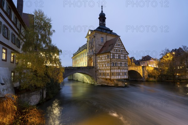 The old town hall on the river Regnitz, Blue Hour, Bamberg, Upper Franconia, Bavaria, Germany, Europe