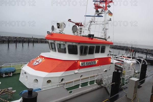Sea rescue cruiser Nils Randers in the island harbour at the new Prerow pier, Mecklenburg-Western Pomerania, Germany, Europe