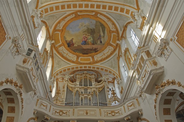 Interior view with ceiling fresco by Januarius Zick 1783 by baroque master builder Johann Michael fisherman, arts and crafts, rococo, painting, organ, gallery, decorations, magnificent, monastery church, St. Peter and Paul, Oberelchingen, Elchingen, Upper Swabia, Swabia, Bavaria, Germany, Europe