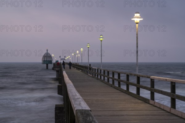 Illuminated Vineta Bridge, pier with diving gondola, blue hour, Zinnowitz, Usedom Island, Baltic Sea, Mecklenburg-Western Pomerania, Germany, Europe