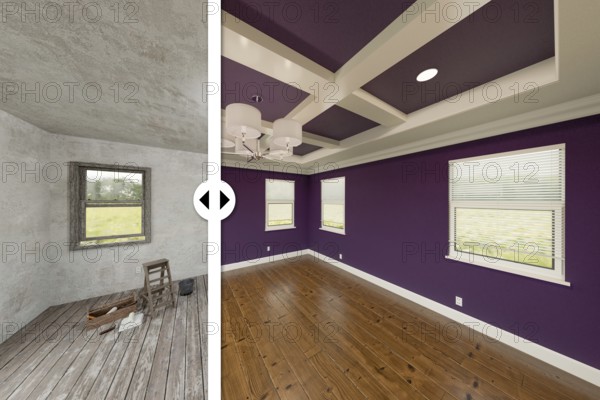 Before and after slider comparing the unfinished condition and the completed plum painted and remodeled room interior