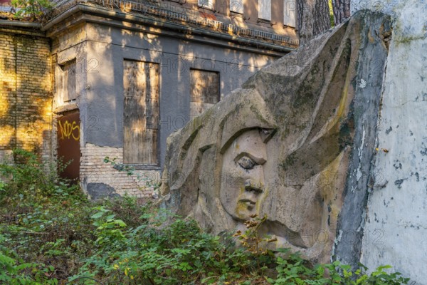 Relief of a soldier in front of the ruins of the officers' house, lost place of the officers' mess at the Wünsdorf military base, former headquarters of the Soviet Army High Command, Zossen, Fläming, Brandenburg, Germany, Europe