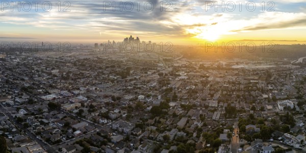 Los Angeles skyline aerial view downtown at sunset panorama in California in Los Angeles, USA, North America