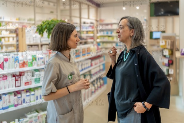Side view of a female young pharmacist and woman standing in the store talking