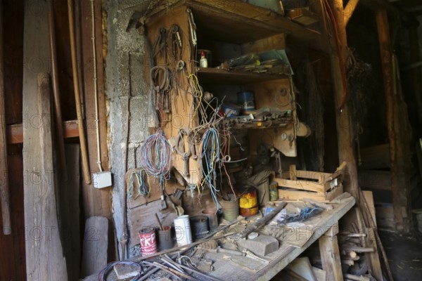 Lost Places, abandoned house, vacant building, workshop, cables, cans, rubbish, outbuilding, Honau district, Lichtenstein, Baden-Württemberg, Germany, Europe