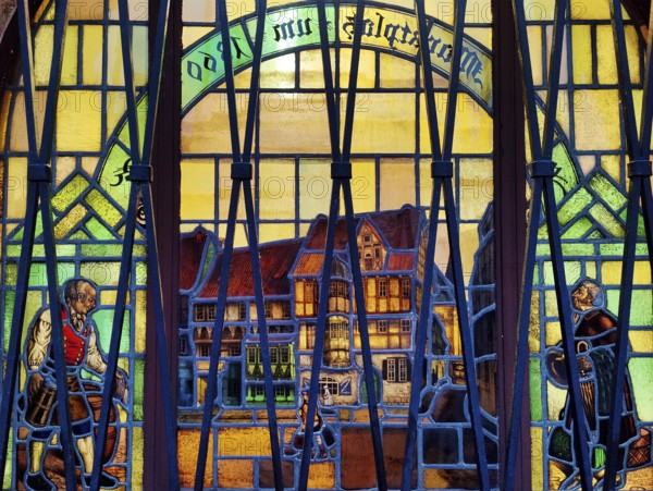 Stained glass window in the branch of the Harzsparkasse am Markt, Quedlinburg, Saxony-Anhalt, Germany, Europe