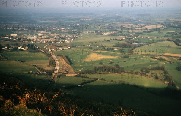 View over the railway line from the Malvern Hills to the town of Great Malvern, Worcestershire, England, UK 1966